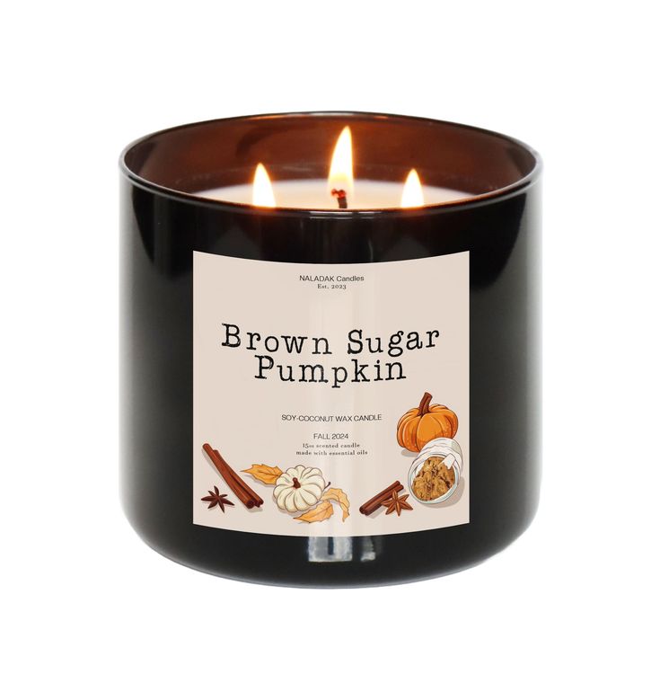 a brown sugar pumpkin candle with cinnamons and spices on the label, in front of a white background