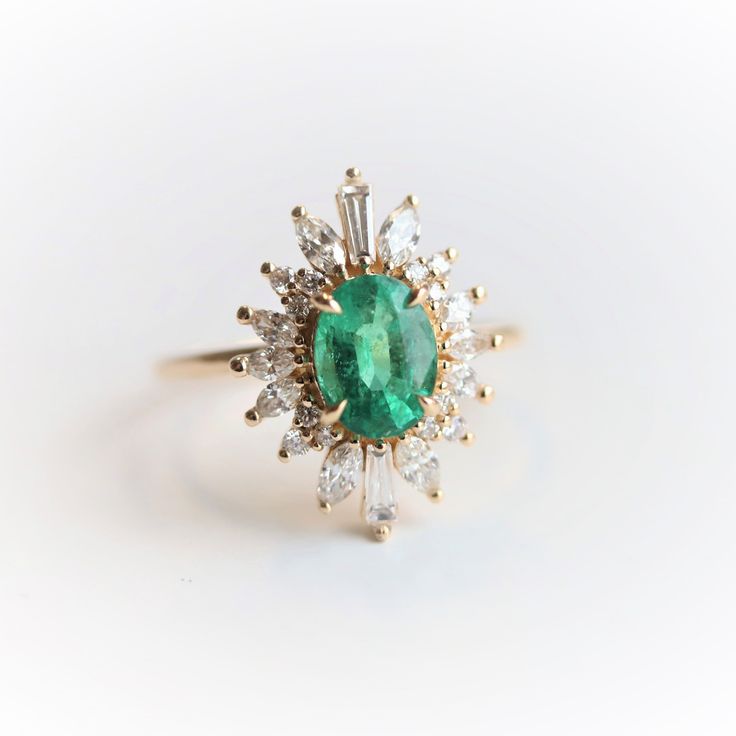 Laina | 14K 1 Carat Oval Emerald & Diamond Fancy Halo Luxury Ring – Emi Conner Jewelry 2023 Rings, Art Deco Emerald Ring, Emerald Ring Vintage, Fancy Jewelry Necklace, Luxury Ring, Emerald Rings, Cute Engagement Rings, Zambian Emerald, Dream Engagement Rings