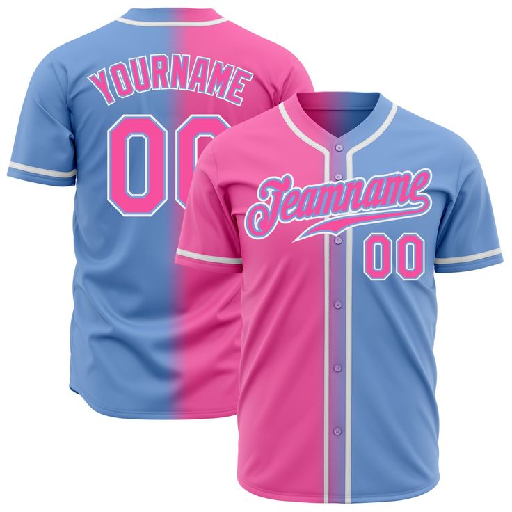 a pink and blue baseball jersey with the number 0 on it, in two different colors