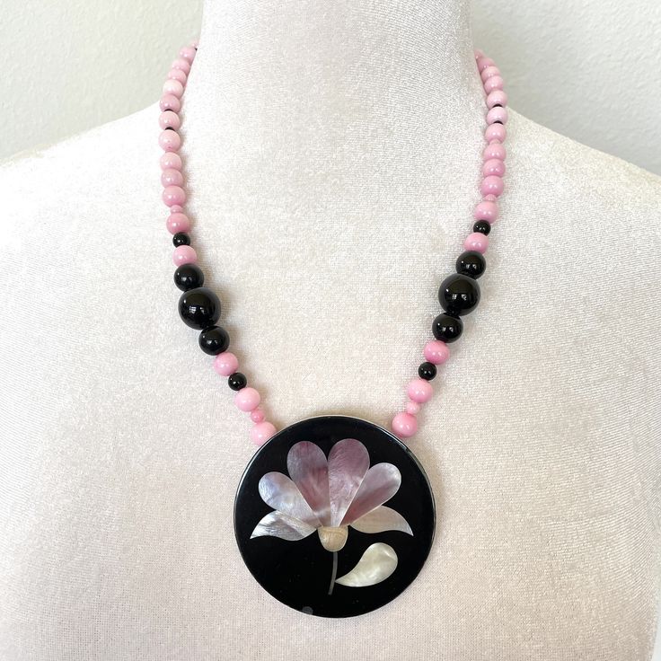 Floral Abalone pink quartz bead necklace  By Karla Jordan  20 inches long  Round spring clasp Please see pictures for size and details  Free Wrapping available upon request  See More Treasures and Jewels at:  www.GlowingEmpire.com Pink Round Necklace With Lobster Clasp, Pink Shell Necklace With Round Beads, Pink Shell Necklace With Round Beads As Gift, Pink Shell Necklace With Round Beads For Gift, Pink Round Beads Shell Necklace As Gift, Pink Polished Round Bead Necklaces, Pink Round Polished Bead Necklaces, Pink Mother Of Pearl Necklace For Gift, Jordan 20