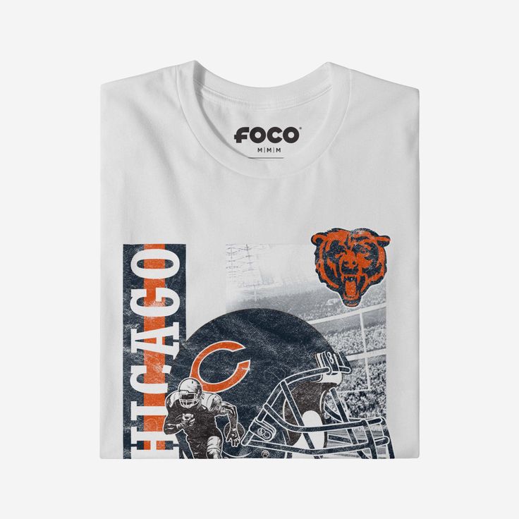 Make a dash for the endzone with a legendary addition to your fan fit! Score big on style and team pride with the Chicago Bears Helmet Dash T-Shirt. This top features a design that showcases your all-important team colors and a team logo display, meaning this t-shirt will prove your unmatched dedication to the Chicago Bears when you’re at the game or watching at home. In other words, this graphic tee is about to be your new favorite teammate. Features Design: This traditional white t-shirt featu Chicago Bears Helmet, Action Pose, Logo Display, Football Helmet, One Piece Pajamas, Team T Shirts, A Football, Action Poses, Team Shirts