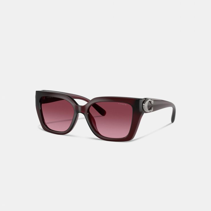 Inspired by our luxe Idol bags these square cat eye sunglasses are finished with our oversized polished Signature wrapped around the temple for bold heritage style. Featuring feature 100% UV protection lenses the sleek design comes packaged in a Coach case with a microfiber cleaning cloth. | Coach Idol Square Cat Eye Sunglasses - Women's - Berry Pink Gradient Elegant Sunglasses With Tinted Square Lenses, Elegant Square Frame Sunglasses With Tinted Lenses, Elegant Square Frame Tinted Sunglasses, Designer Cat Eye Sunglasses With Mirrored Square Frame, Designer Square Frame Cat Eye Sunglasses With Mirrored Lenses, Modern Coach Sunglasses With Uv Protection, Elegant Square Sunglasses With Uv Protection, Luxury Cat Eye Sunglasses With Gradient Square Lenses, Elegant Rectangular Sunglasses With Mirrored Lenses