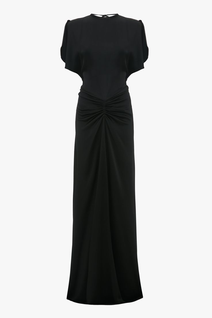 The classic black evening dress is elevated with the house’s signature attention to detail. Crafted from luxurious crepe back satin, the Gathered Waist Floor-Length Dress in Black has a provocative open back design, tactile tie detail at the back of the neck and sensuous pleating at the front of the skirt. Cut to fit and flatter the upper body before pooling into a floor-grazing hemline, it exudes contemporary sophistication. Victoria Beckham Gathered Waist Floor-Length Dress In Black  - Size 14 Evening Pre-draped Maxi Dress With Pleated Back, Evening Satin Maxi Dress With Pleated Back, Satin Maxi Dress With Pleated Back For Evening, Evening Silk Maxi Dress With Pleated Back, Silk Maxi Dress With Pleated Back For Evening, Maxi Length Evening Dress With Pleated Back, Classic Floor-length Evening Maxi Dress, Classic Floor-length Maxi Dress For Evening, Satin Evening Dress With Pleated Back