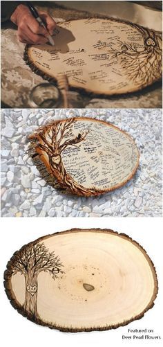 two pictures showing different types of wood with writing on the top and bottom, along with an image of a tree that has been carved into it