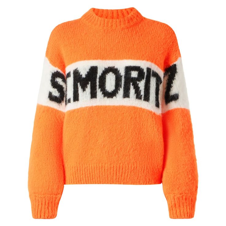 Woman fluo orange soft crewneck sweaterSt. Moritz lettering on white backgroundSaint Barth logo on the sleeveComposition: 20% Alpaca - 35% Polyamide - 45%Acrylic Orange Letter Print Sweatshirt For Winter, Orange Crew Neck Sweatshirt With Ribbed Cuffs, Orange Winter Sweater With Ribbed Cuffs, Trendy Orange Crew Neck Sweater, Orange Crew Neck Sweater With Ribbed Cuffs, Orange Stretch Long Sleeve Sweater, Orange Long Sleeve Stretch Sweater, Orange Color Block Crew Neck Sweater, Orange Ribbed Cuff Crew Neck Sweater