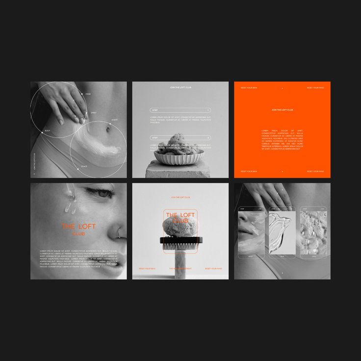 an orange and black brochure is shown in four different pictures, including a woman's face