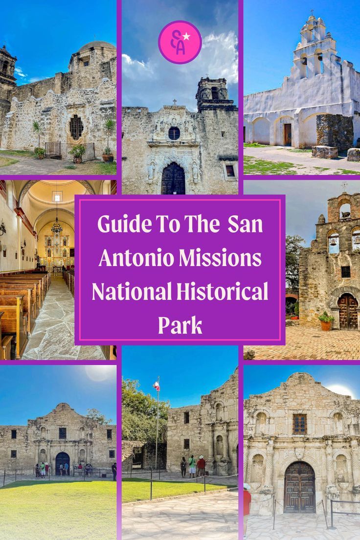 the san antonio mission national historical park is featured in this collage with images of historic buildings