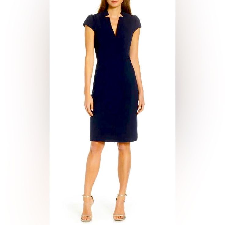 Very Flattering, Never Worn Chic Blue Dress With Notched Neckline, Navy Fitted Midi Dress For Formal Occasions, Formal Fitted Navy Midi Dress, Elegant Navy Midi Dress For Work, Blue Shift Midi Dress For Work, Elegant Evening Shift Midi Dress, Elegant Navy Short Sleeve Midi Dress, Navy Sheath Dress For Formal Occasions, Elegant Blue Workwear Dress