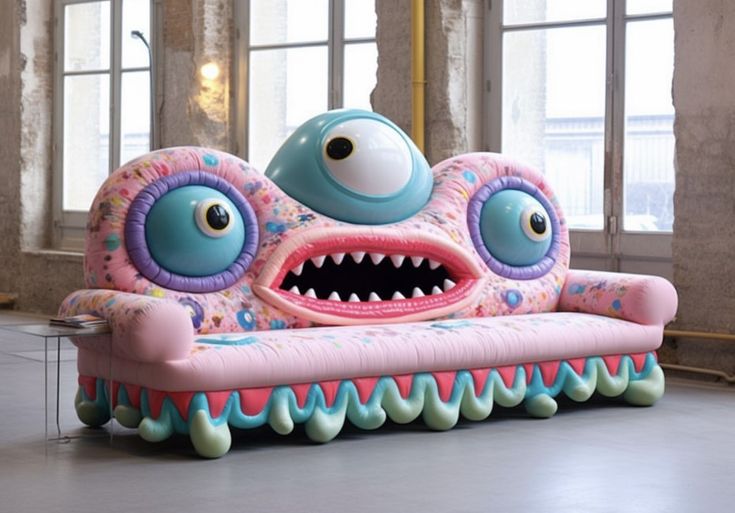 an inflatable couch that looks like a monster with big eyes and mouthy teeth