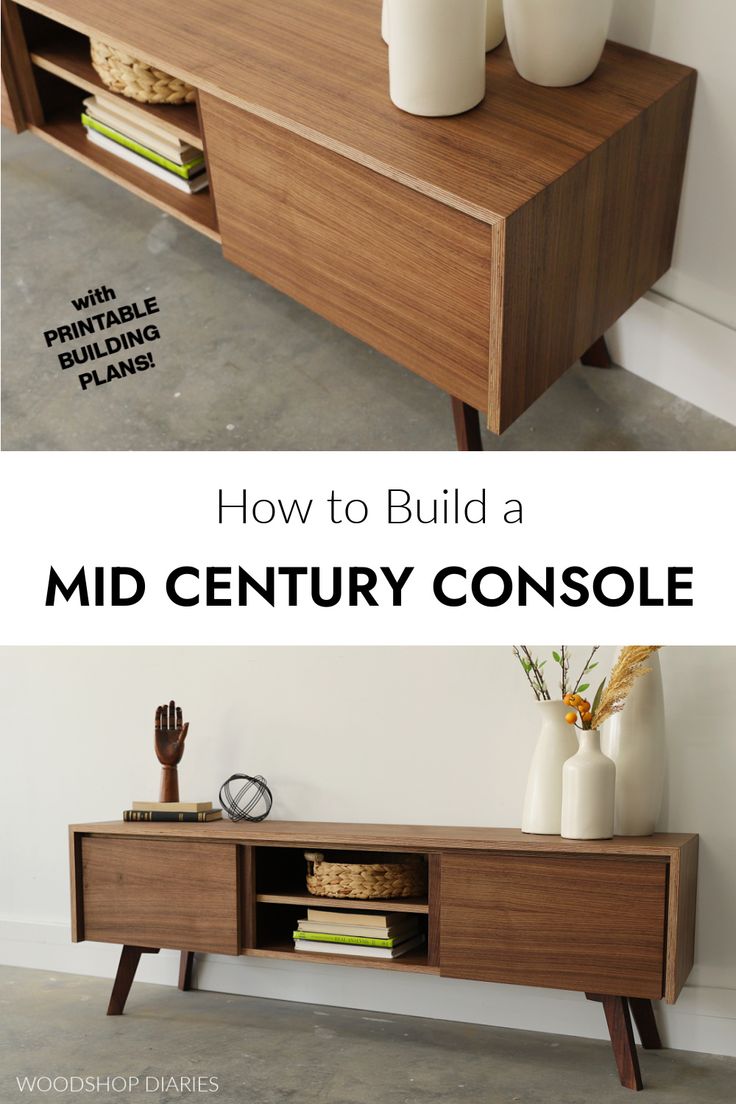 a wooden table with two vases on it and the words how to build a mid century console