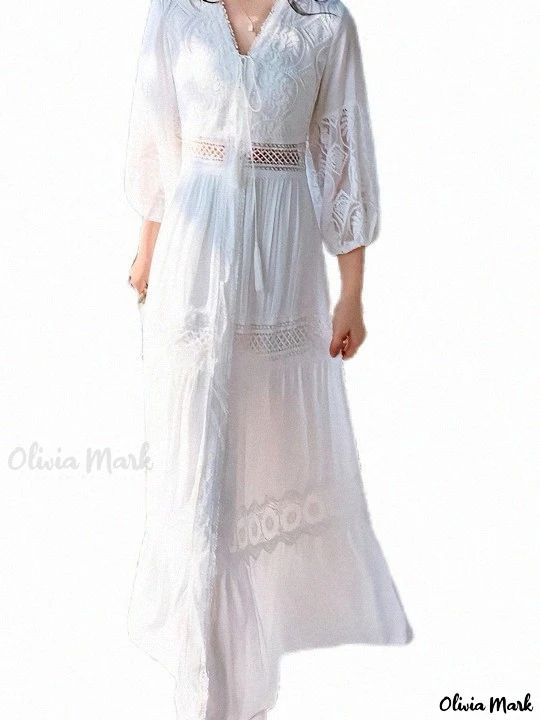 Olivia Mark - Chic White Midi Dress with Sweet Bubble Sleeves - Perfect for a Day Out or Beach Vacation Spring Lace Trim Maxi Dress Beach Cover-up, Long Sleeve Dress For Brunch And Vacation, Long Sleeve Dresses For Brunch On Vacation, Long Sleeve Dress For Brunch On Vacation, White Long Sleeve Vacation Dress, Beach Season Maxi Dress With Lace Trim, White Boho Dress With Lace Trim For Beach, Beach Season Vacation Maxi Dress With Lace Trim, Summer Vacation Maxi Dress With Lace Trim