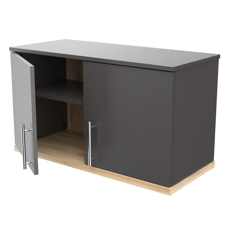 a gray cabinet with two doors and some shelves on the bottom one has a door open