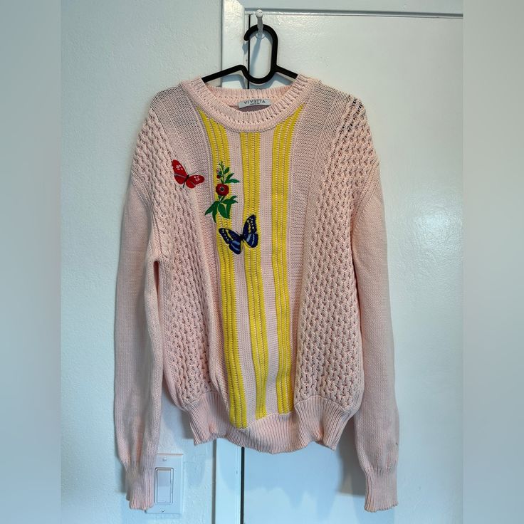 Good Condition Size 46 100% Cotton Casual Multicolor Embroidered Sweater For Spring, Spring Crew Neck Sweater With Embroidered Logo, Casual Pink Sweater With Embroidered Logo, Spring Sweater With Multicolor Embroidery And Long Sleeve, Spring Cotton Sweater With Embroidered Logo, Trendy Pink Embroidered Sweater, Pink Winter Sweater With Embroidered Logo, Multicolor Embroidered Long Sleeve Spring Sweater, Embroidered Sweater