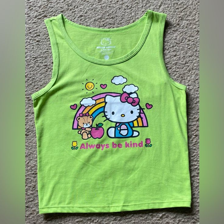 Nwot Size Med Neon Green Kitty Tank Top Summer Tees Sanrio Always Be Kind Vacation Tee Swim Suit Cover Up Top Beach Wear Pairs Well W Jean Shorts Summer Kawaii Cat Print Tops, Kawaii Cat Print Tops For Summer, Kawaii Cat Print Summer Tops, Y2k Sleeveless Top With Hello Kitty Print, Cute Hello Kitty Print Tops For Spring, Hello Kitty Y2k Summer Top, Fitted Hello Kitty Top For Spring, Fitted Hello Kitty Tops For Spring, Spring Fitted Hello Kitty Tops