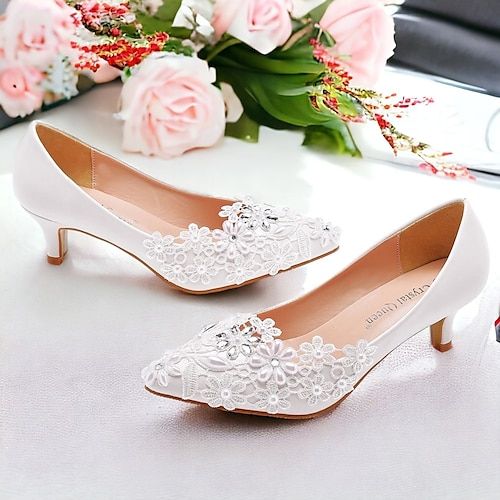 Category:Heels,Wedding Shoes; Upper Materials:Microbial Leather; Lining Materials:Synthetic Leather; Embellishment:Lace; Heel Type:Kitten Heel; Gender:Women's; Toe Shape:Round Toe; Type:Bridal Shoes; Style:Elegant; Heel Height(inch):1-2; Outsole Materials:Rubber; Occasion:Wedding; Closure Type:Loafer; Listing Date:03/19/2024; 2024 Trends:Dress Shoes Bridal Shoes Lace, Heels Wedding Shoes, Heels Wedding, Heels Online, Wedding Shoes Heels, Wedding Dress Shoes, Shoes Wedding, Wedding Heels, Women's Heels