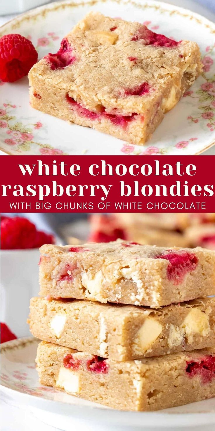 white chocolate raspberry blondies are stacked on top of each other and the words, white chocolate raspberry blondies with big chunks of white chocolate