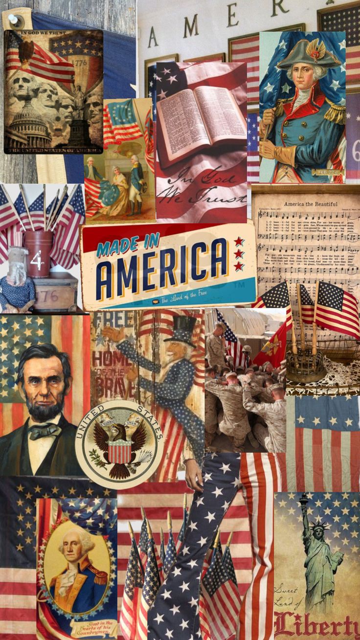 an american flag collage with images of presidents and other patriotic objects on it's side