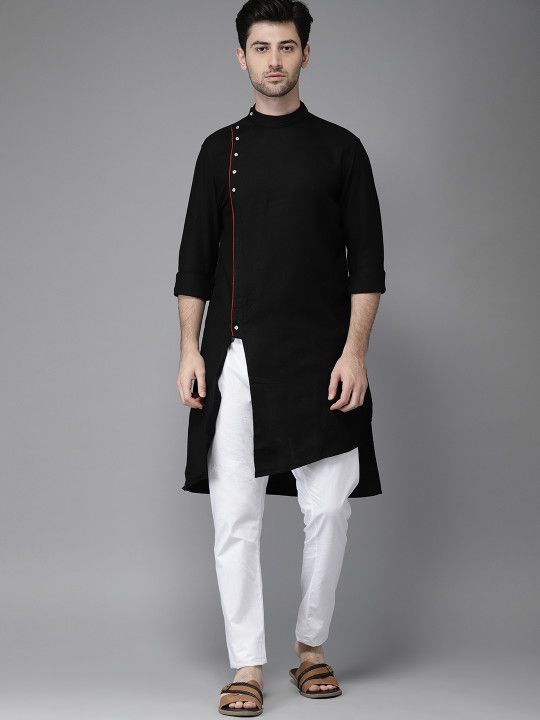 Freehand Men Black & White Solid Kurta with Pyjamas - | 1349 Sherwani For Men, Kurta Pajama, White Solid, Ethnic Wear, Ethnic Fashion, Trendy Outfits, Pajamas, Normcore, Black White