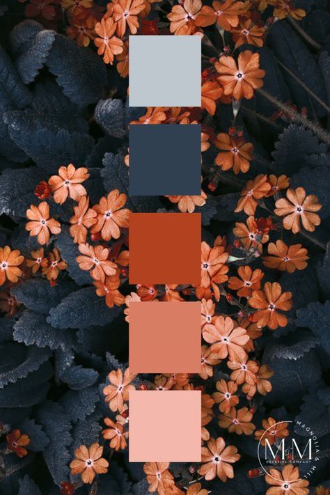 the color scheme is orange, blue and grey with some black leaves on top of it