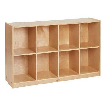 a wooden shelf with six compartments on each side