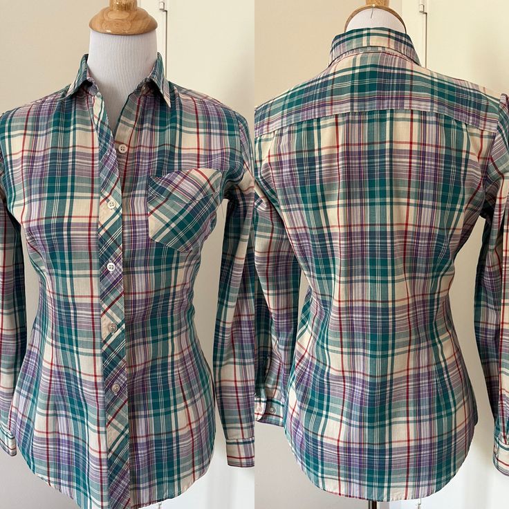 "Cute 80s style madras plaid button up shirt from Mervyn's Hot Line. Made of a lightweight cotton blend. Spread collar  Patch pocket on breast. Long tail. Barrel cuffs. Yoked back. Fitted cut with darts in front and back. Probably late 70s / early 80s.  In very good used condition.  Tagged Mervyns Hot Line Size 9  55/45 cotton poly  Measurements taken flat buttoned Pit to pit 18\" Waist: 16\" Hips: 17\" Sleeve: 30\"  Length shoulder seam to hem: 26\" Mervyns of California  Preppy style Madras pl Plaid Fitted Classic Shirt, Classic Plaid Fitted Shirt, Classic Fitted Plaid Shirt, Fall Cotton Fitted Shirt, Fitted Plaid Flannel Shirt With Spread Collar, Fitted Cotton Shirt For Fall, Fitted Plaid Flannel Shirt With Button Closure, Plaid Top With Spread Collar And Button Closure, Plaid Top With Button Closure And Spread Collar