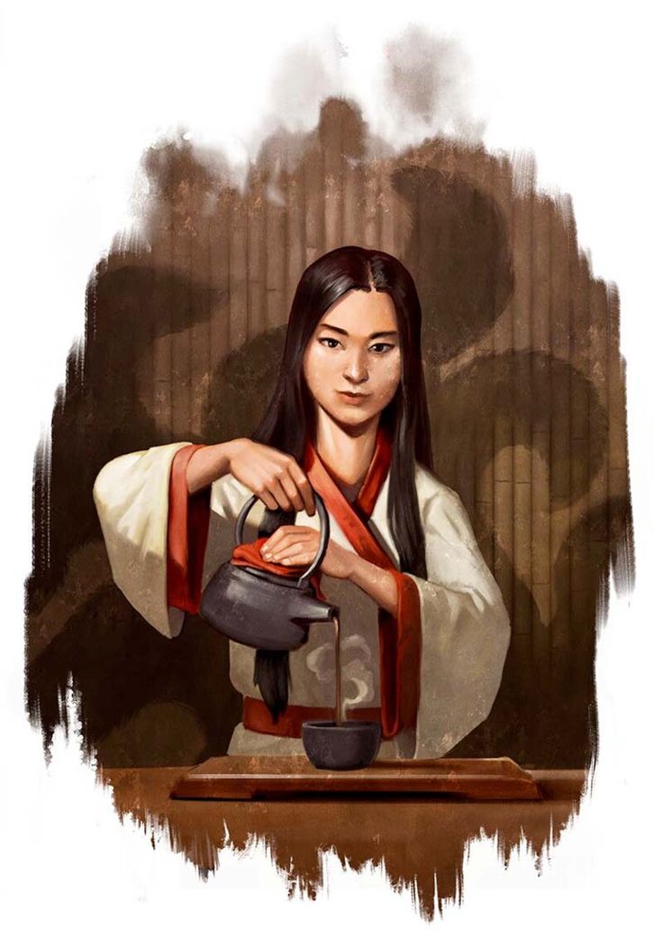 a painting of a woman holding a teapot in one hand and wearing a kimono on the other