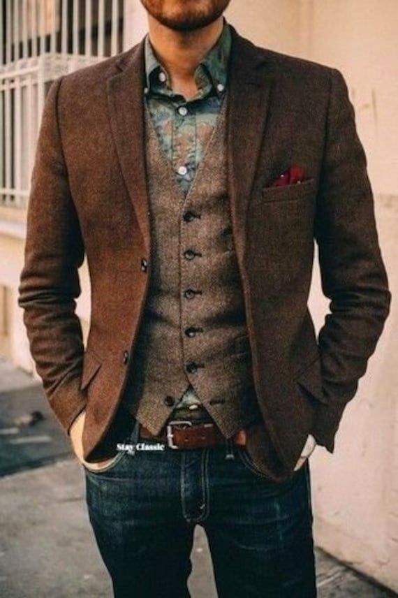 Fitted Brown Tweed Jacket For Business, Formal Brown Tweed Jacket With Suit Collar, Fitted Brown Tweed Sport Coat, Classic Three-piece Suit For Winter Wedding, Classic Winter Wedding Three-piece Suit, Tailored Three-piece Suit For Groom In Winter, Tailored Three-piece Winter Suit For Groom, Semi-formal Brown Three-piece Suit With Welt Pockets, Brown Tweed Jacket For Winter Formal