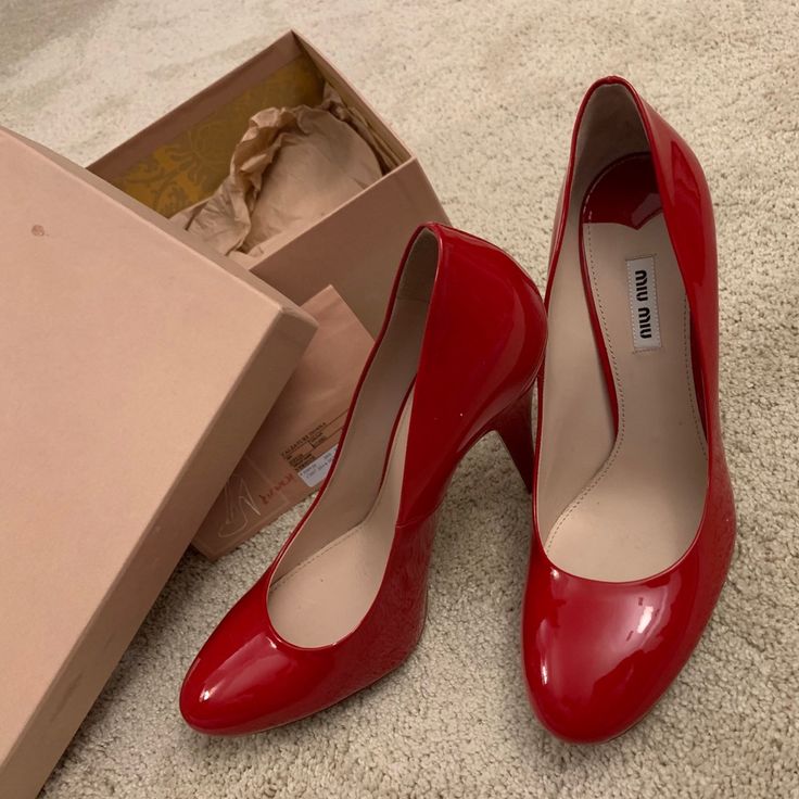 Brand New From Europe. Never Worn Miu Miu Red Shoes, Vintage Miu Miu Heels, Red Patent Leather Court Shoes For Party, Red Patent Leather Heels With Round Toe, Red Low Heel Court Shoes, Red Sole Low Heel Heels, Red Sole Low Heels, Chic Court Shoes With Red Sole, Red Round Toe Court Shoes For Evening