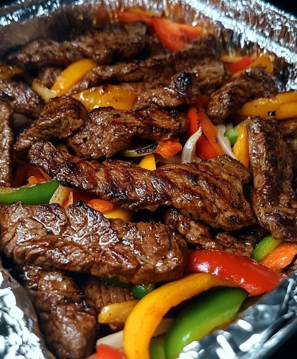 steak and peppers are being cooked in foil