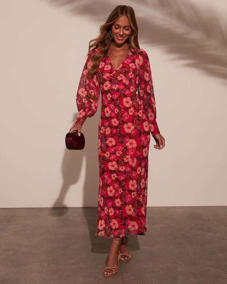 If you want to ensure second glances all night long, the Kathrynn Floral Print Maxi Dress is the perfect selection for your next special event. Crafted from lightweight crepe fabric, this dress flows beautifully with every step, creating a soft, romantic silhouette while the semi-sheer blouson sleeves add a dreamy, feminine. Whether you're attending a wedding, a garden party, or an evening soirée, this maxi dress exudes charm and sophistication. Lightweight crepe fabric Semi-sheer blouson sleeves with banded buttoned cuffs Side seam slit Hidden back zipper closure Lined 100% Polyester Romantic Silhouette, Western Wear Dresses, Floral Print Maxi Dress, Floral Print Maxi, Dresses By Length, Satin Slip, Long Sleeve Maxi, Crepe Fabric, Dress With Cardigan