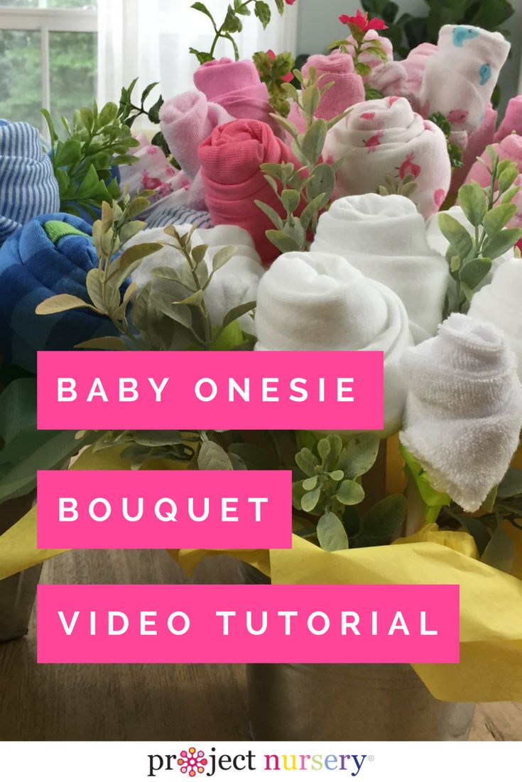 baby onesie bouquet with text overlay