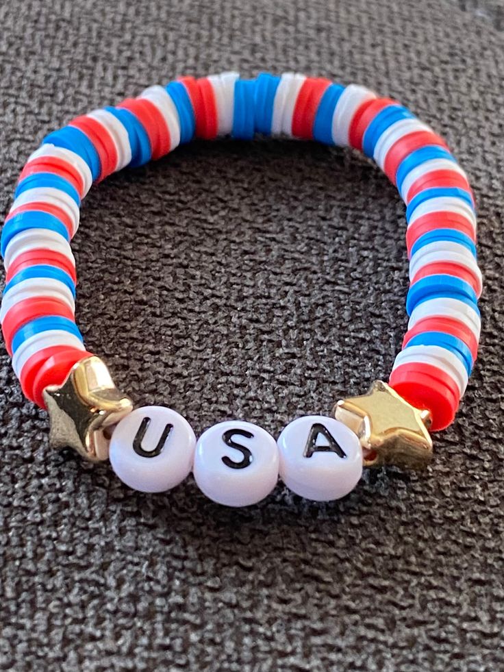 Red-White-Blue Bracelet. Message us if you like to personalize. Patriotic White Jewelry For 4th Of July, Handmade White Beaded Bracelets As Souvenir, Adjustable Beach Bracelets For 4th Of July, Red Jewelry For Friendship On 4th Of July, Customized Red Wristband For Friendship, White Jubilee Bracelet Bangle, White Bracelets For 4th Of July Gift, Adjustable Bracelets For Beach And 4th Of July, Patriotic White Stretch Bracelet As Gift