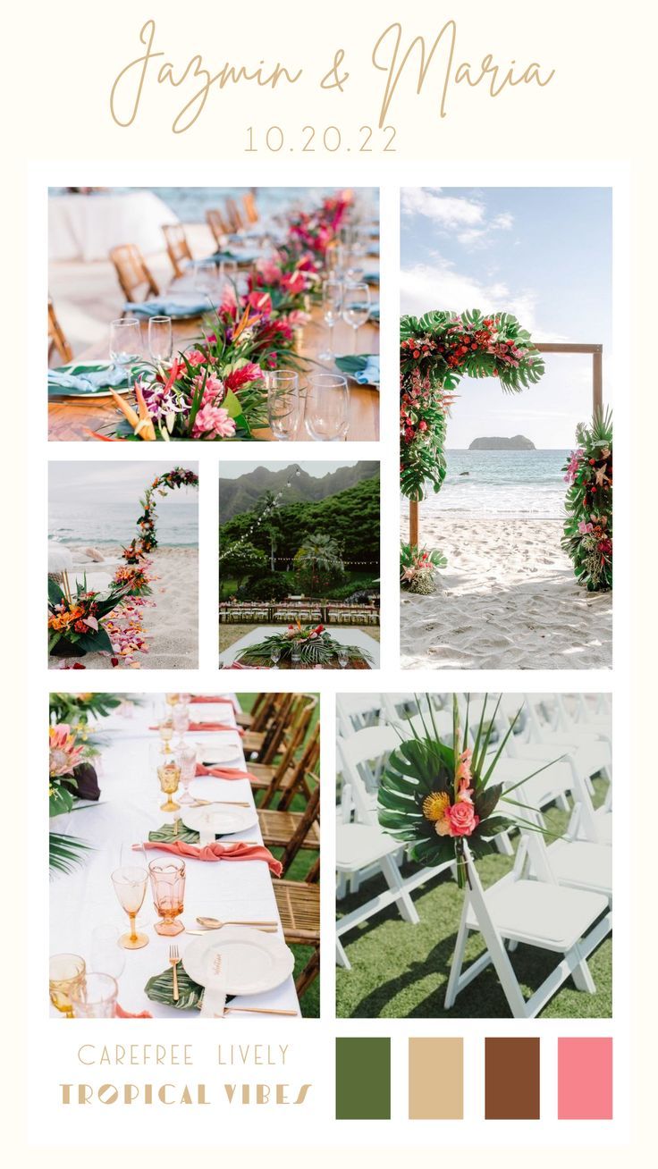 an outdoor wedding with flowers and greenery is featured in this brochure design