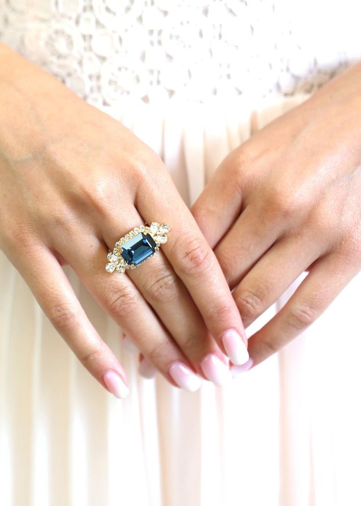 Blue Navy Cocktail Ring Sapphire Swarovski Crystal Cocktail | Etsy Blue Gemstone Flower Ring Gift, Gift Blue Gemstone Flower Ring, Blue Sapphire Crystal Ring With Accent Stones, Blue Flower Ring For Wedding Fine Jewelry, Blue Flower Ring For Anniversary, Blue Sapphire Ring For Proposal With Accent Stones, Elegant Blue Flower Ring As Gift, Blue Aquamarine Ring For Anniversary, Blue Sapphire Open Ring Jewelry