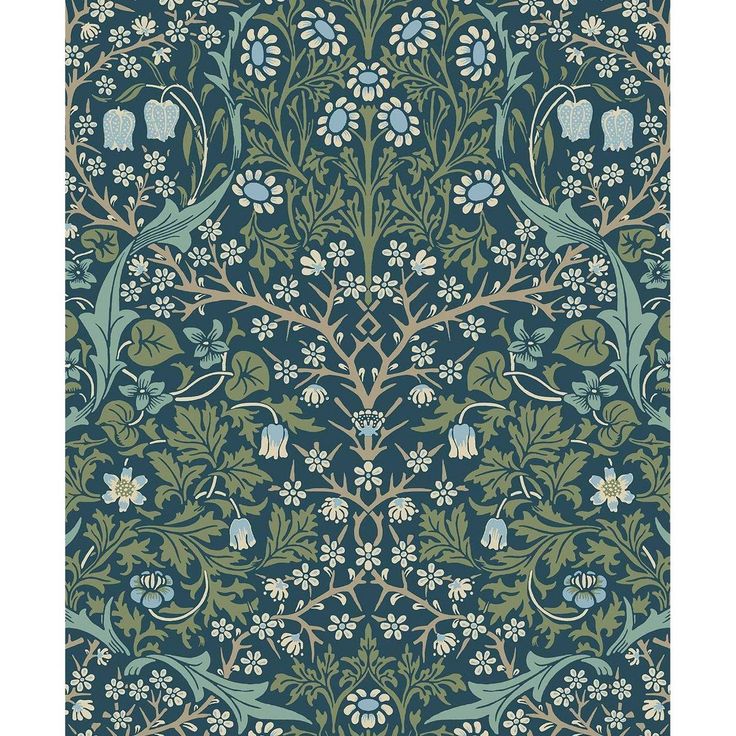 a blue and green wallpaper with floral designs