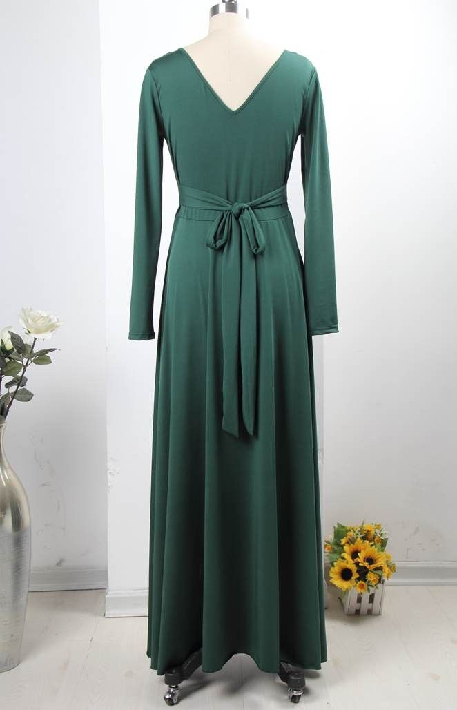 Sexy Long Sleeves V Back Backless Ankle Length Dress With Bow on Luulla Green Solid Color Party Maxi Dress, Long Green Solid Color Dress, Green Maxi Dress Regular Fit, Non-stretch Green Maxi Dress, Green Stretch Maxi Dress For Fall, Flowy Solid Color Maxi Dress, Green Chiffon Maxi Dress For Fall, Elegant Green Non-stretch Maxi Dress, Chic Green Maxi Dress