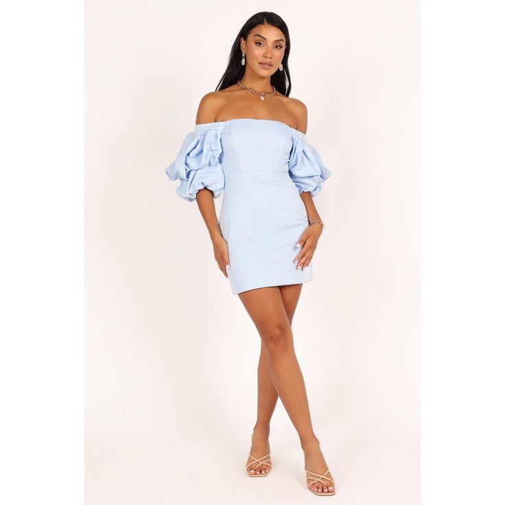 With its chic silhouette and super comfortable fit, you'll be turning heads in no time. It features short puff sleeves with elasticized cuffs and a back shirred panel that creates a slim fit. Blue Off-shoulder Puff Sleeve Dress, Fitted Off-shoulder Puff Sleeve Dress For Day Out, Blue Puff Sleeve Dress With Pleated Sleeves For Summer, Spring Blue Puff Sleeve Dress With Pleated Sleeves, Fitted Light Blue Puff Sleeve Dress For Spring, Fitted Blue Puff Sleeve Dress With Pleated Sleeves, Blue Off-shoulder Dress With Gathered Sleeves, Blue Balloon Sleeve Mini Dress For Summer, Blue Fitted Puff Sleeve Dress With Balloon Sleeves