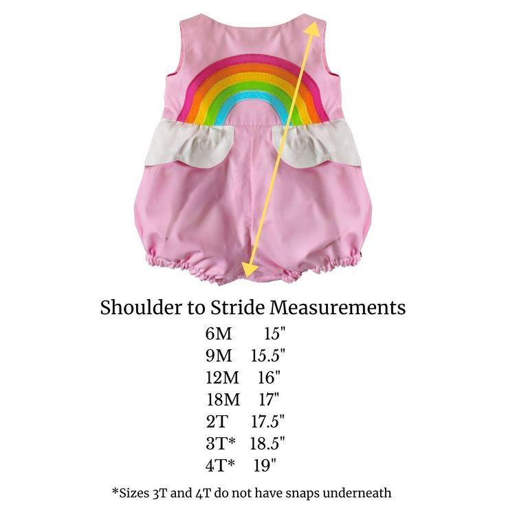 For your little one who spreads rainbows wherever she goes! This cheerful summer style features a layered rainbow applique on the bodice with a cloud shaped peplum at the waist. Pair it with the matching Over the Rainbow Sundress to match with big sis! https://www.etsy.com/listing/692942076/rainbow-sundress-sunset-pink?ref=shop_home_active_20&frs=1 Fully lined Buttons at back, snaps underneath 100% Cotton Machine Wash Cold See last image for size chart. Playful Fitted Multicolor Bubble Romper, Fitted Multicolor Bubble Romper For Playtime, Multicolor Fitted Cotton Bubble Romper, Fitted Multicolor Cotton Bubble Romper, Multicolor Sleeveless Bubble Romper For Spring, Pink Cotton Fun Bubble Romper, Pink Cotton Bubble Romper In Fun Style, Fitted Sleeveless Bubble Romper For Playdate, Playful Pink Sleeveless Bubble Romper