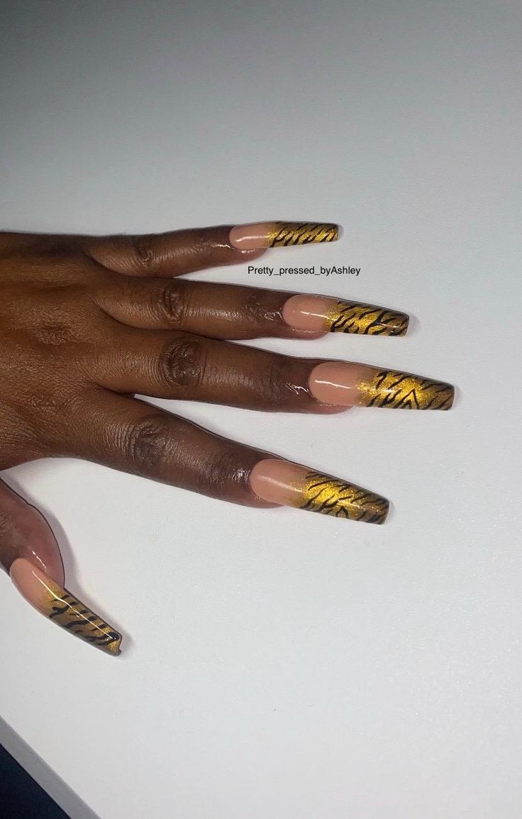 Gel Press On Nails, Gold Ombre, Zebra Design, Acrylic Press On Nails, Gel Press, Makeup Cosmetics, Press On Nails, Cleveland, Acrylic Nails