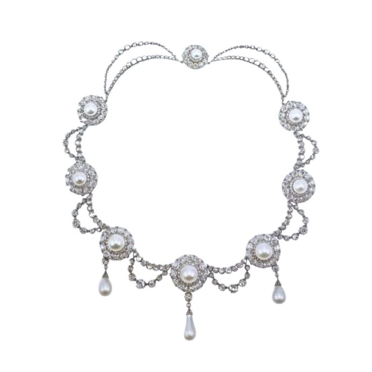 Vintage Inspired Queen  Margrethe II moissanite pearl necklace  for women Handmade Metal: Sterling Silver  Metal Purity:925 Metal weight: 75.99 gram Stone:  moissanite stone Ctw:25.90ctw Gemstone: Pearl Gemstone weight: 12.989 ct Item length:.17 inch > All products are made at our factory. So, you get the finest jewelry at factory prices without any extra cost of middlemen. > Pure 925 sterling silver jewelry. no alloy nothing. > All our products are made to order so you get a brand-new piece straight out of the factory. > All the craftsmen working at our factory are well experienced and strained to give you unmatched. > We do not use any type of chemical in our plating process to enhance the shine and luster of the metal which are harmful to your skin. we use AAA-quality stones which give Luxury Silver Pearl Embellished Necklace, Elegant Crystal Necklace With Pearl Chain, Elegant Bridal Necklace With Pearl Chain And Crystal, Classic Silver Pearl Necklace With Elegant Design, Classic Silver Bridal Necklace With Pearl Chain, Silver Crystal Pearl Necklace In Classic Style, Elegant Crystal Pearl Necklace With Pendant, Formal Silver Bridal Necklace With Pearls, Formal Silver Pearl Bridal Necklace