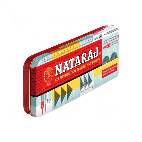 a tin box with an advertisement on the side for nataraj, which is made from