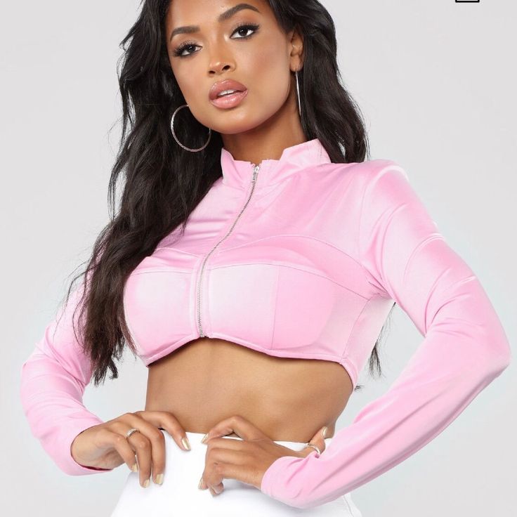 Brand New Product Details Available In Pink Cropped Bra Cup Detail Zipper Front Mock Neck Long Sleeve 84% Polyester 16% Spandex Modeled A Picture For Anyone Who’s Interested In Purchasing This Item. $8 Is The Final Price No Offers Or Trades Sleeved Crop Top, Crop Bra, Bra Cup, Mock Neck Long Sleeve, Fashion Nova Tops, The Vibe, Bra Cups, Fashion Tops, Pink Fashion