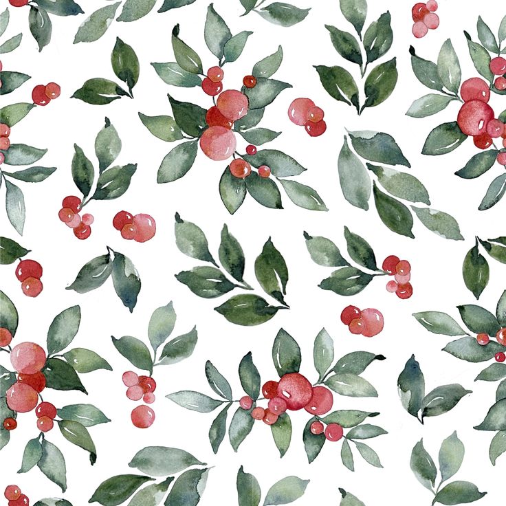 dark green and blueish leaves with bright red and pinkish berries in repeat pattern Christmas Repeating Pattern, Background For Poster, Christmas Leaves, Watercolor Vector, Christmas Decoupage, Vector Texture, Yellow Watercolor, Xmas Wallpaper, Christmas Plants