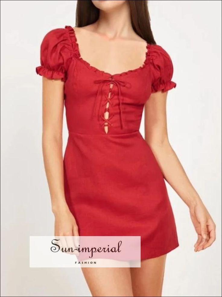 Sun-Imperial - Women Ruffle Edged Neck Mini Dress With Puffed Shoulder Vintage Lace Up Front Dress – SUN-IMPERIAL Casual Red Dresses, Tennis Skirt Outfit, Trendy Blouse, Dress Slim, Pretty Clothes, Short Dresses Casual, Moda Vintage, Slim Dresses, Mode Vintage