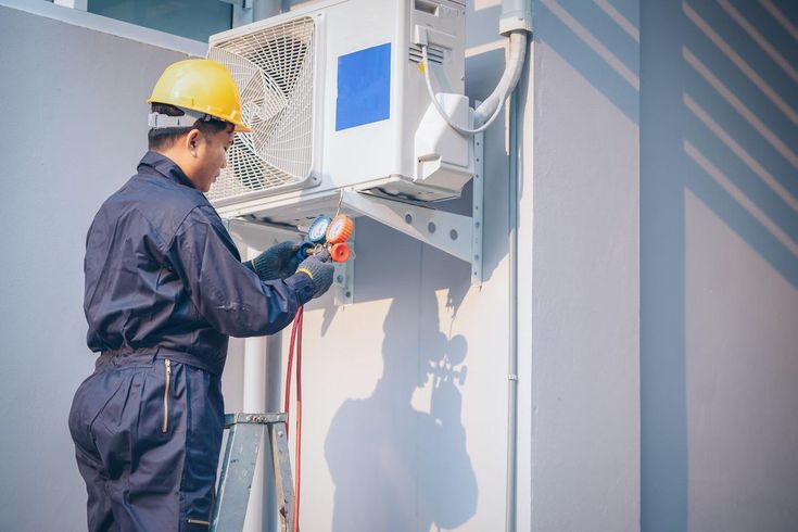 a man is working on an air conditioner in front of a wall mounted unit