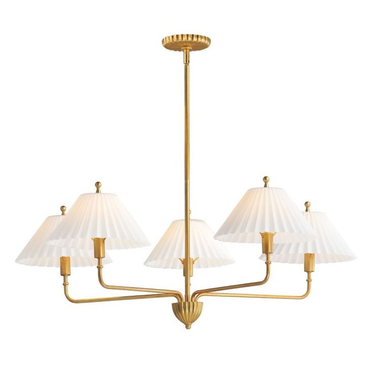 a brass chandelier with five shades of white lamps hanging from the bottom to the ceiling