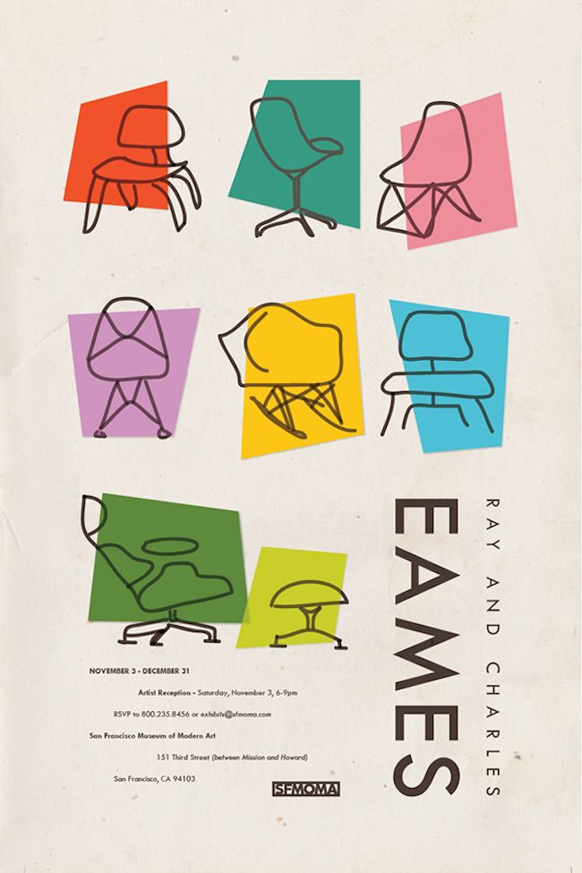 an advertisement for eames and chairs with colorful shapes on the back side of it