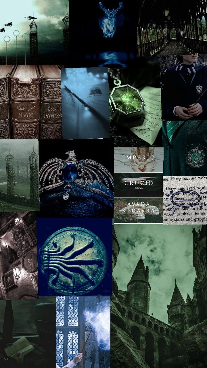 harry potter collage with hogwart's houses and slys crest in the middle