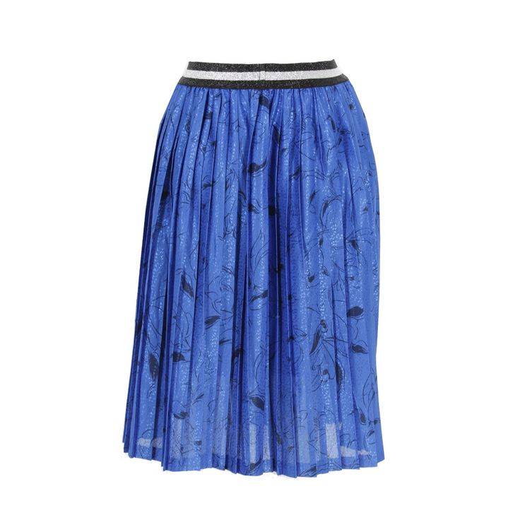 Blue floral pleated skirt has a comfortable fit with lastic waistband. The mid knee length skirt can be styled daily. The shiny waistband adds a chic touch. Only dry clean Spring Midi Pleated Skirt With Elastic Waistband, Spring Tiered Pleated Skirt With Elastic Waistband, Spring Elastic Waistband Flared Pleated Skirt, Spring Flared Pleated Skirt With Elastic Waistband, Relaxed Midi-length Pleated Skirt With Elastic Waistband, Chic Spring Pleated Skirt With Elastic Waistband, Spring Blue Skirt With Accordion Pleats, Chic Blue Skirt With Accordion Pleats, Chic Blue Accordion Pleated Skirt