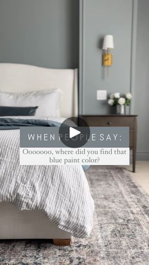 a bedroom with gray walls and white bedding is featured in the article when people say ooooooo, where did you find that blue paint color?